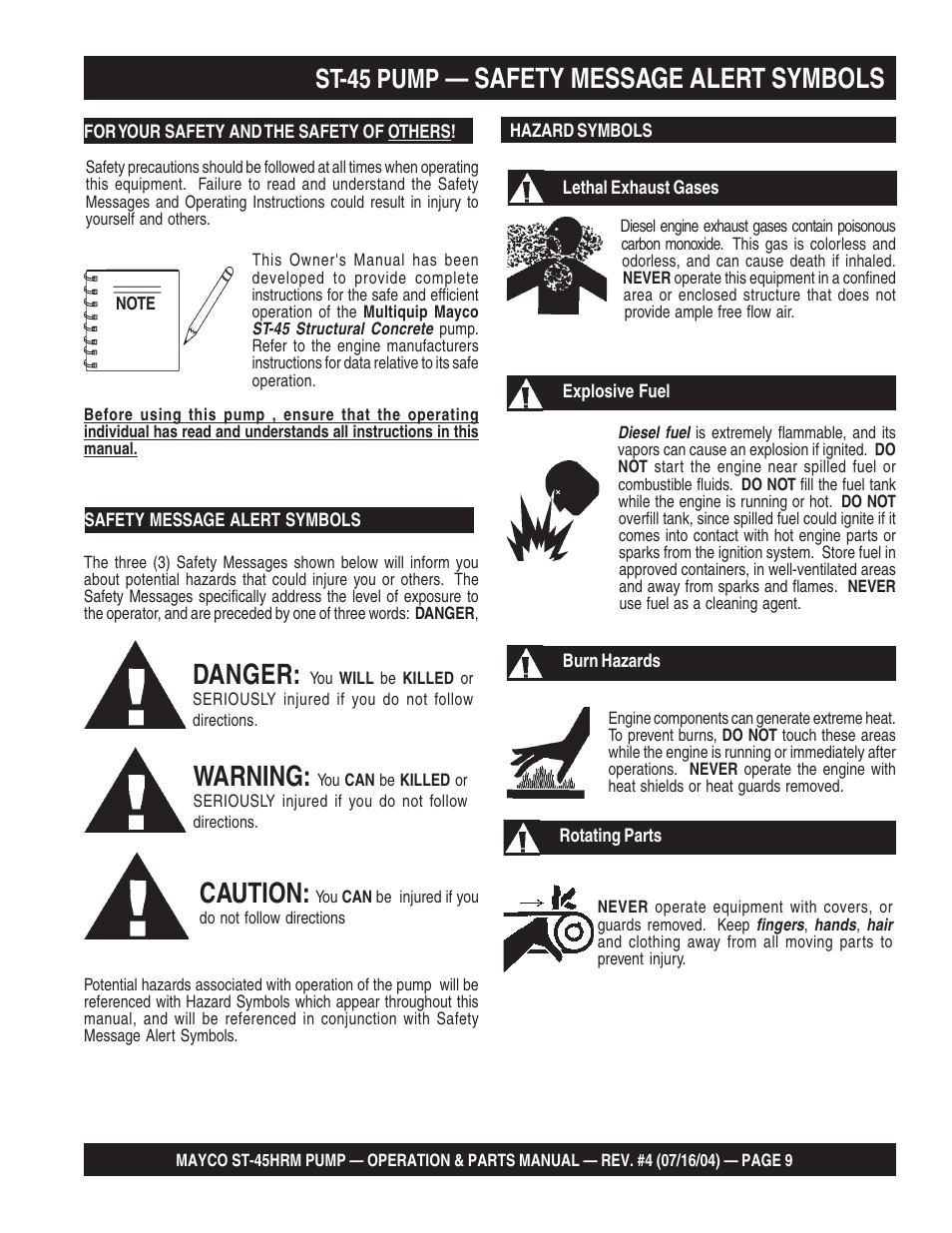 Danger, Warning, Caution | Safety message alert symbols, St-45 pump | Multiquip SCRUCTURAL CONCRETE PUMP ST-45HRM User Manual | Page 9 / 132