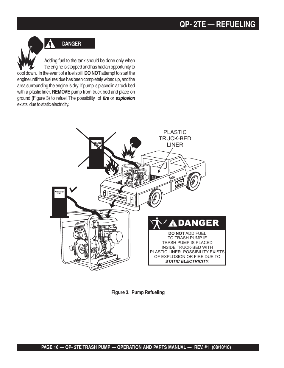 Qp- 2te — refueling, Danger | Multiquip Trash Pump Qp-2TE User Manual | Page 16 / 58