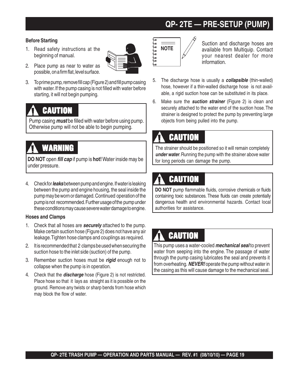 Qp- 2te — pre-setup (pump), Caution | Multiquip Trash Pump Qp-2TE User Manual | Page 19 / 58