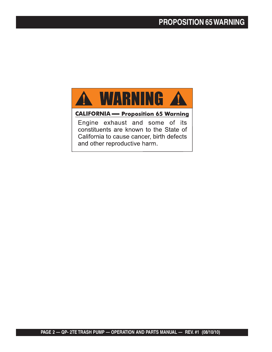 Proposition 65 warning | Multiquip Trash Pump Qp-2TE User Manual | Page 2 / 58