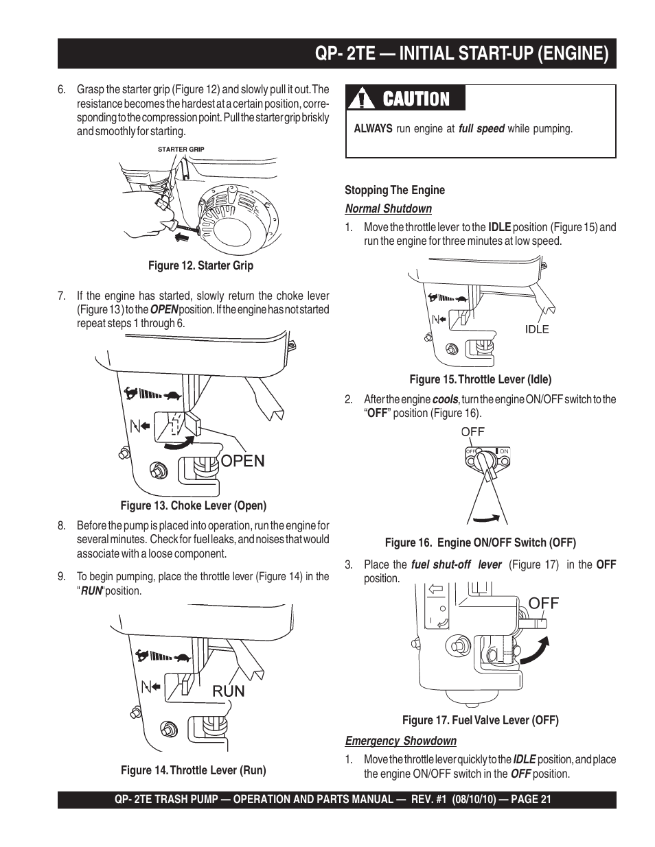 Qp- 2te — initial start-up (engine), Cauti, Cauti caution | Multiquip Trash Pump Qp-2TE User Manual | Page 21 / 58