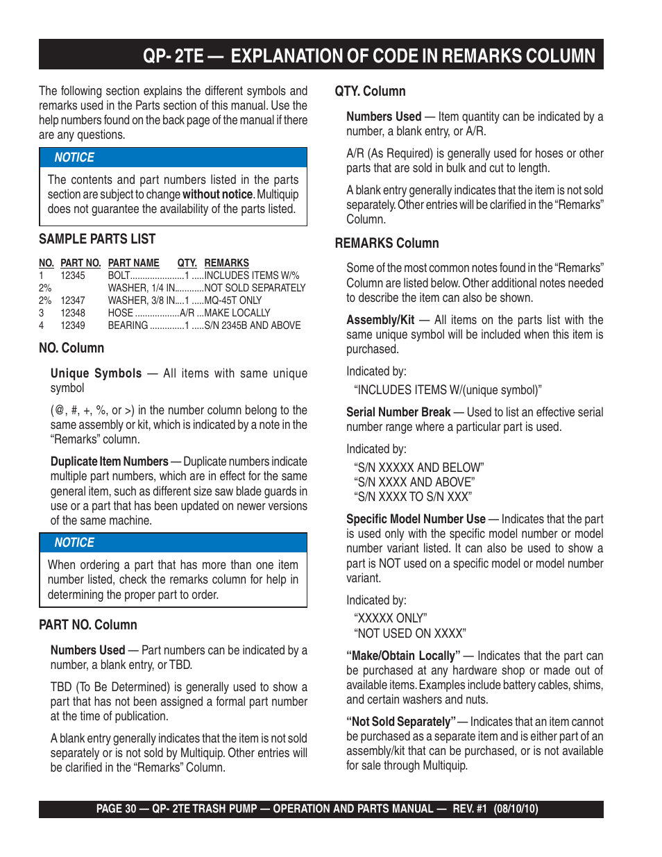 Qp- 2te — explanation of code in remarks column | Multiquip Trash Pump Qp-2TE User Manual | Page 30 / 58