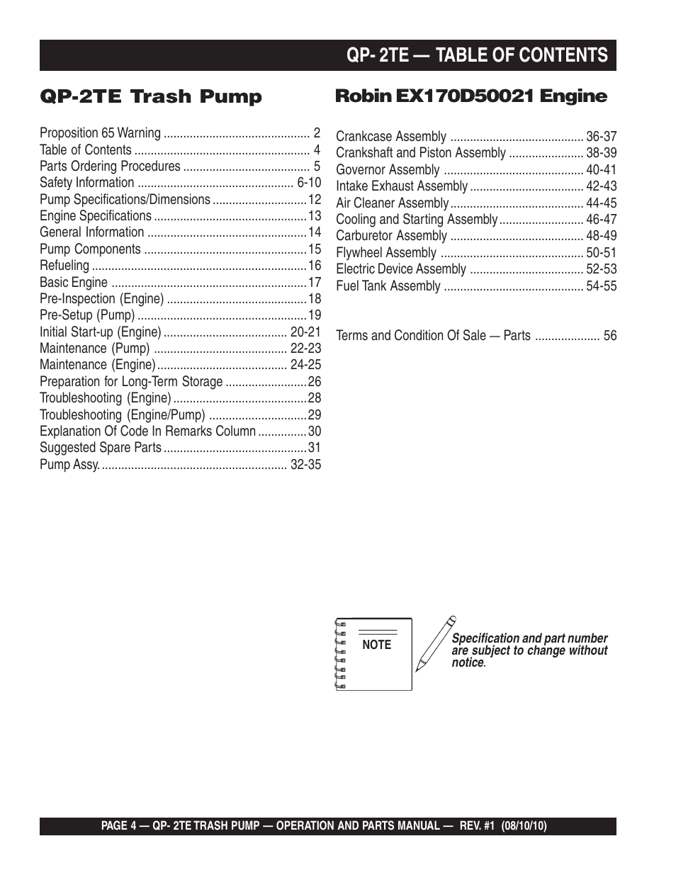 Qp- 2te — table of contents, Qp-2te trash pump | Multiquip Trash Pump Qp-2TE User Manual | Page 4 / 58