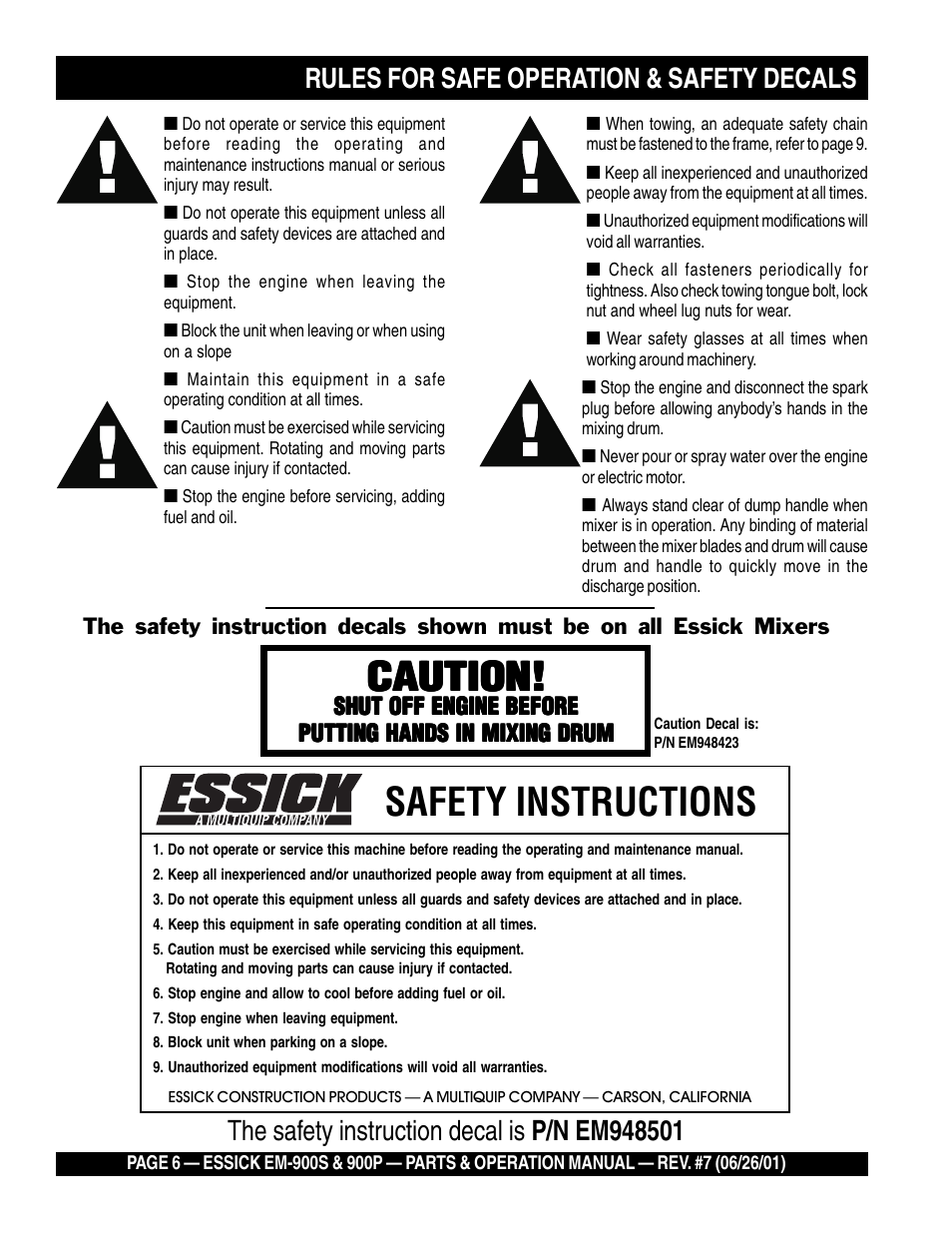 Safety instructions, Caution | Multiquip ESSICK PLASTER/MORTAR MIXERS EM-900S User Manual | Page 6 / 32