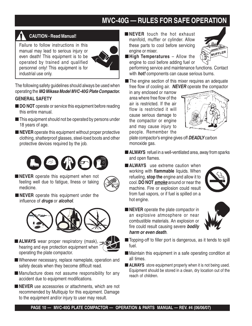 Mvc-40g — rules for safe operation | Multiquip Plate Compactor MVC-40G User Manual | Page 10 / 62