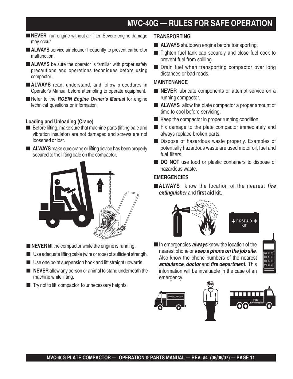 Mvc-40g — rules for safe operation | Multiquip Plate Compactor MVC-40G User Manual | Page 11 / 62