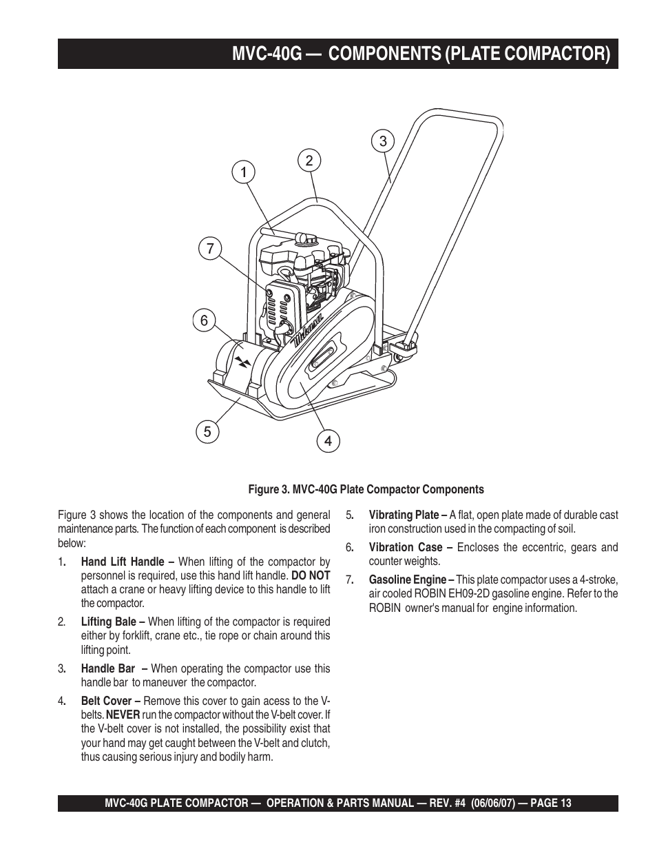 Mvc-40g — components (plate compactor) | Multiquip Plate Compactor MVC-40G User Manual | Page 13 / 62