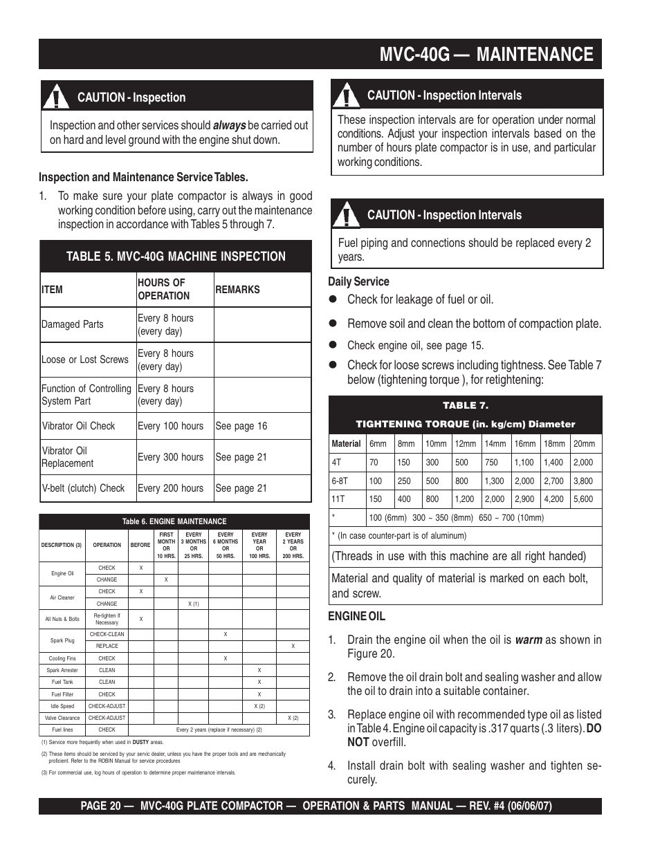 Mvc-40g — maintenance, Warm, Always | Caution - inspection, Caution - inspection intervals, Check engine oil, see page 15 | Multiquip Plate Compactor MVC-40G User Manual | Page 20 / 62