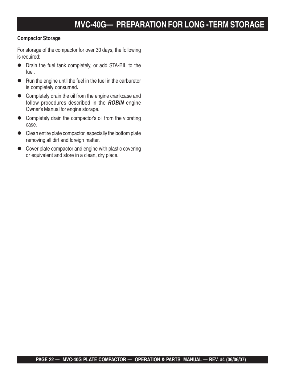 Mvc-40g— preparation for long -term storage | Multiquip Plate Compactor MVC-40G User Manual | Page 22 / 62