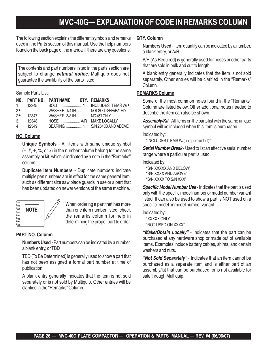 Mvc-40g— explanation of code in remarks column | Multiquip Plate Compactor MVC-40G User Manual | Page 26 / 62