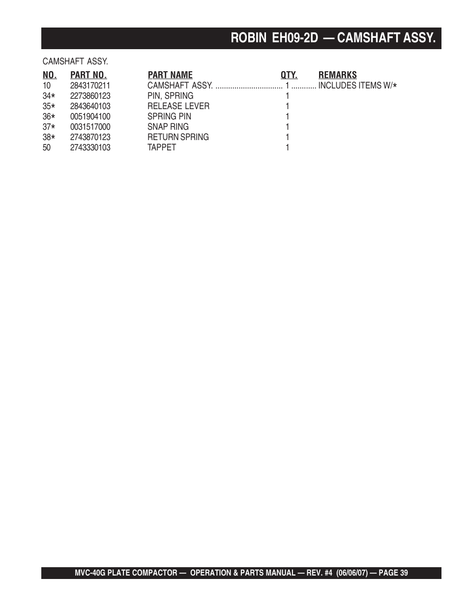 Robin eh09-2d — camshaft assy | Multiquip Plate Compactor MVC-40G User Manual | Page 39 / 62