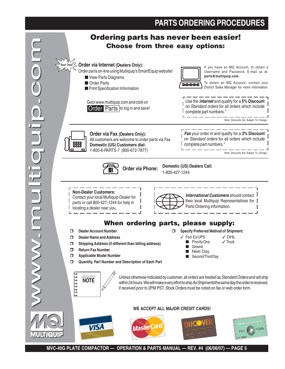 Parts ordering procedures, Ordering parts has never been easier, Choose from three easy options | When ordering parts, please supply, Order parts | Multiquip Plate Compactor MVC-40G User Manual | Page 5 / 62