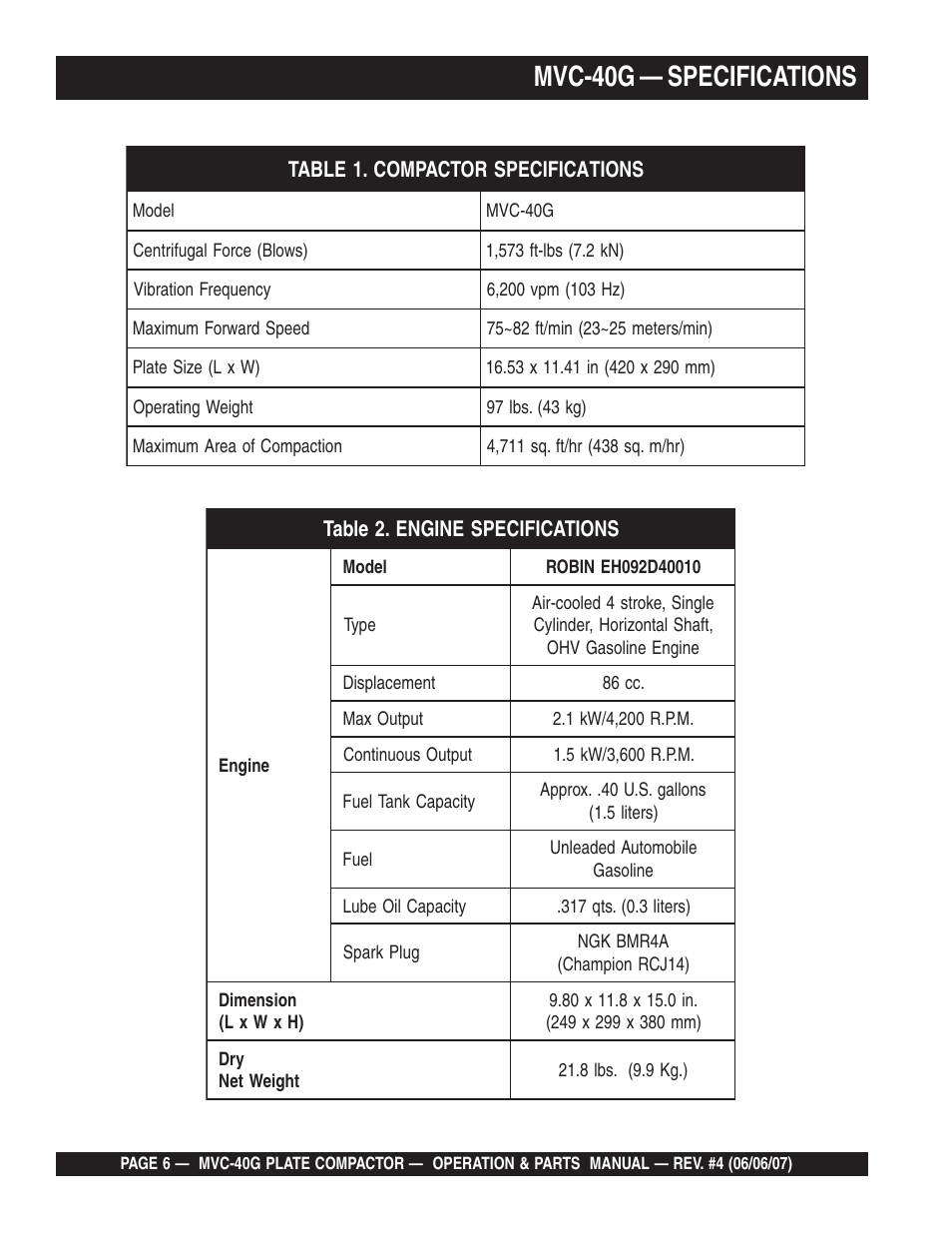 Mvc-40g — specifications | Multiquip Plate Compactor MVC-40G User Manual | Page 6 / 62