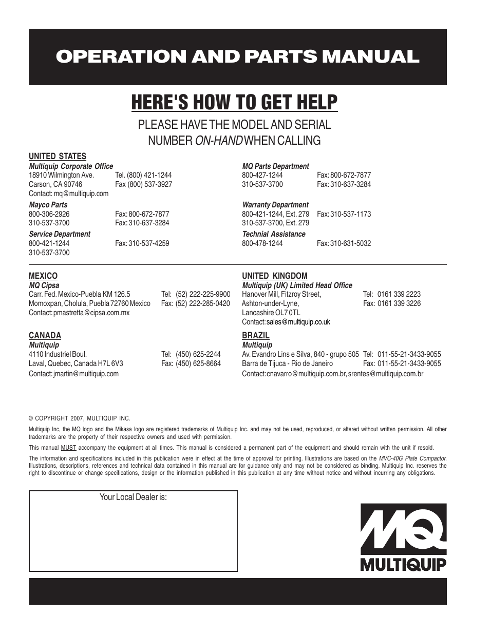 Here's how to get help, Operation and parts manual, On-hand | Please have the model and serial number, When calling | Multiquip Plate Compactor MVC-40G User Manual | Page 62 / 62