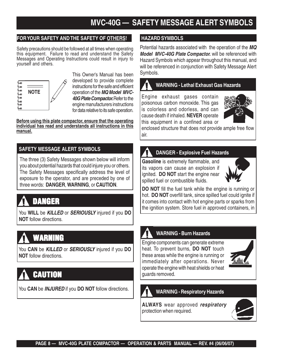 Mvc-40g — safety message alert symbols, Danger, Warning | Caution | Multiquip Plate Compactor MVC-40G User Manual | Page 8 / 62