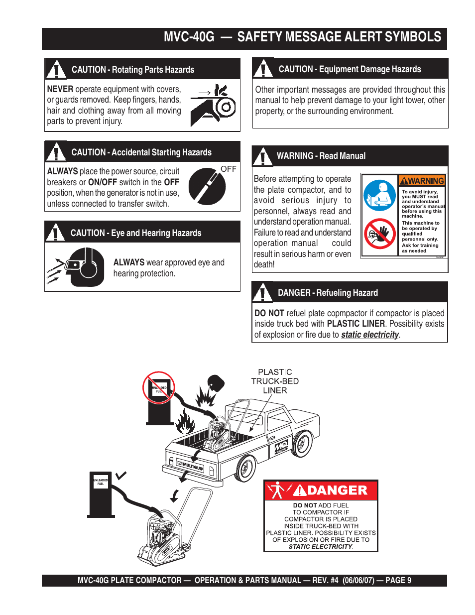 Mvc-40g — safety message alert symbols | Multiquip Plate Compactor MVC-40G User Manual | Page 9 / 62