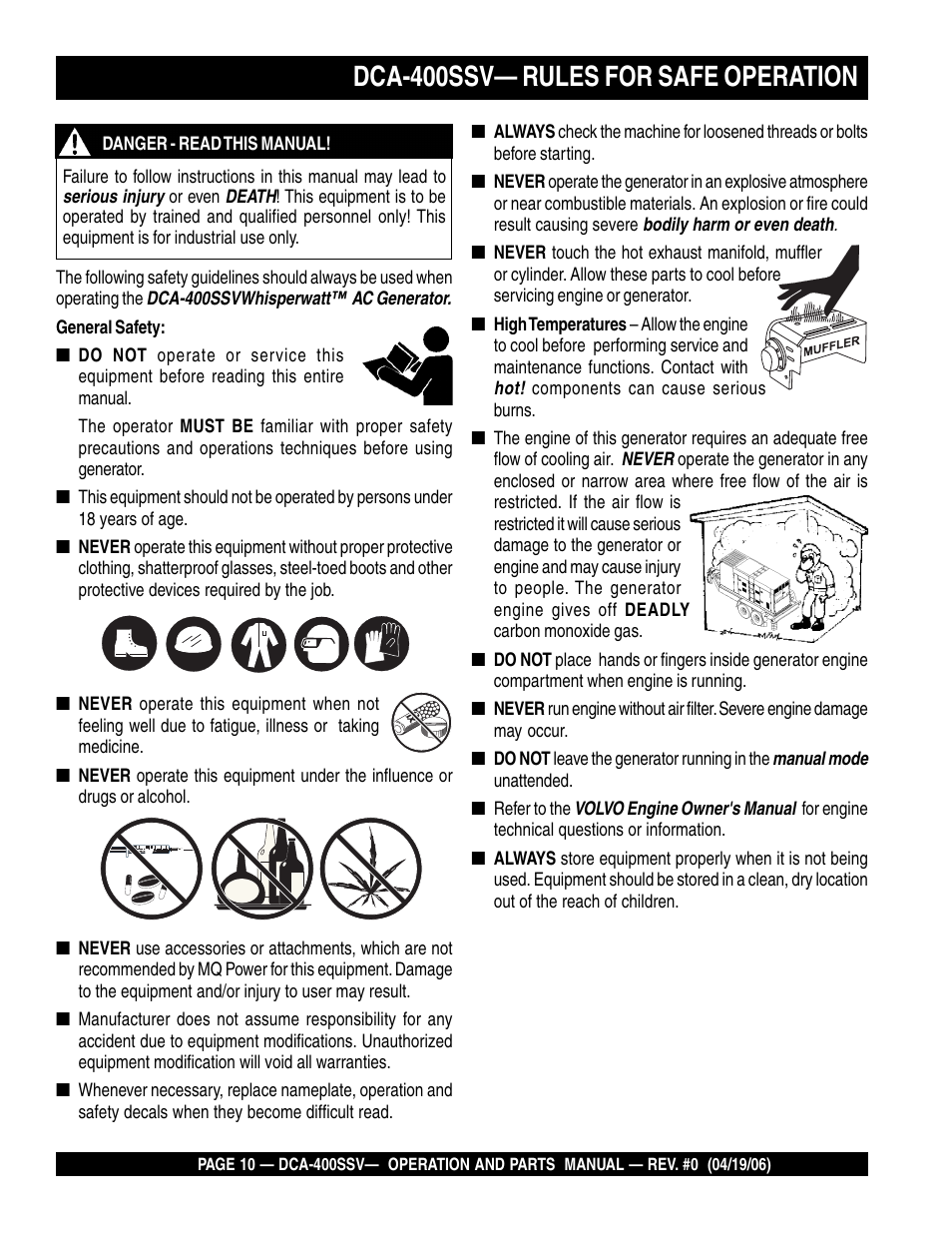 Dca-400ssv— rules for safe operation | Multiquip 60 Hz Generator DCA-400SSV User Manual | Page 10 / 98