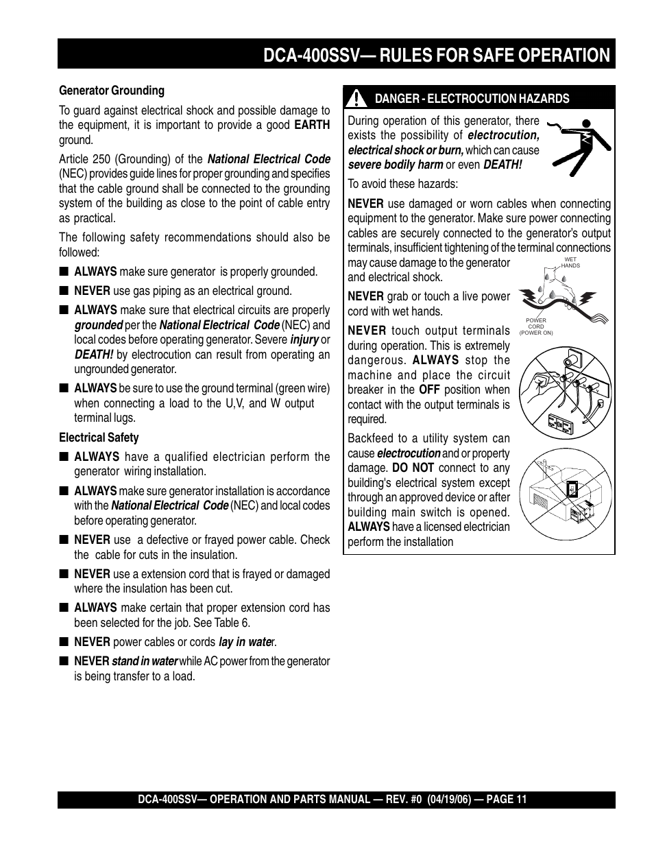 1dca-400ssv— rules for safe operation | Multiquip 60 Hz Generator DCA-400SSV User Manual | Page 11 / 98