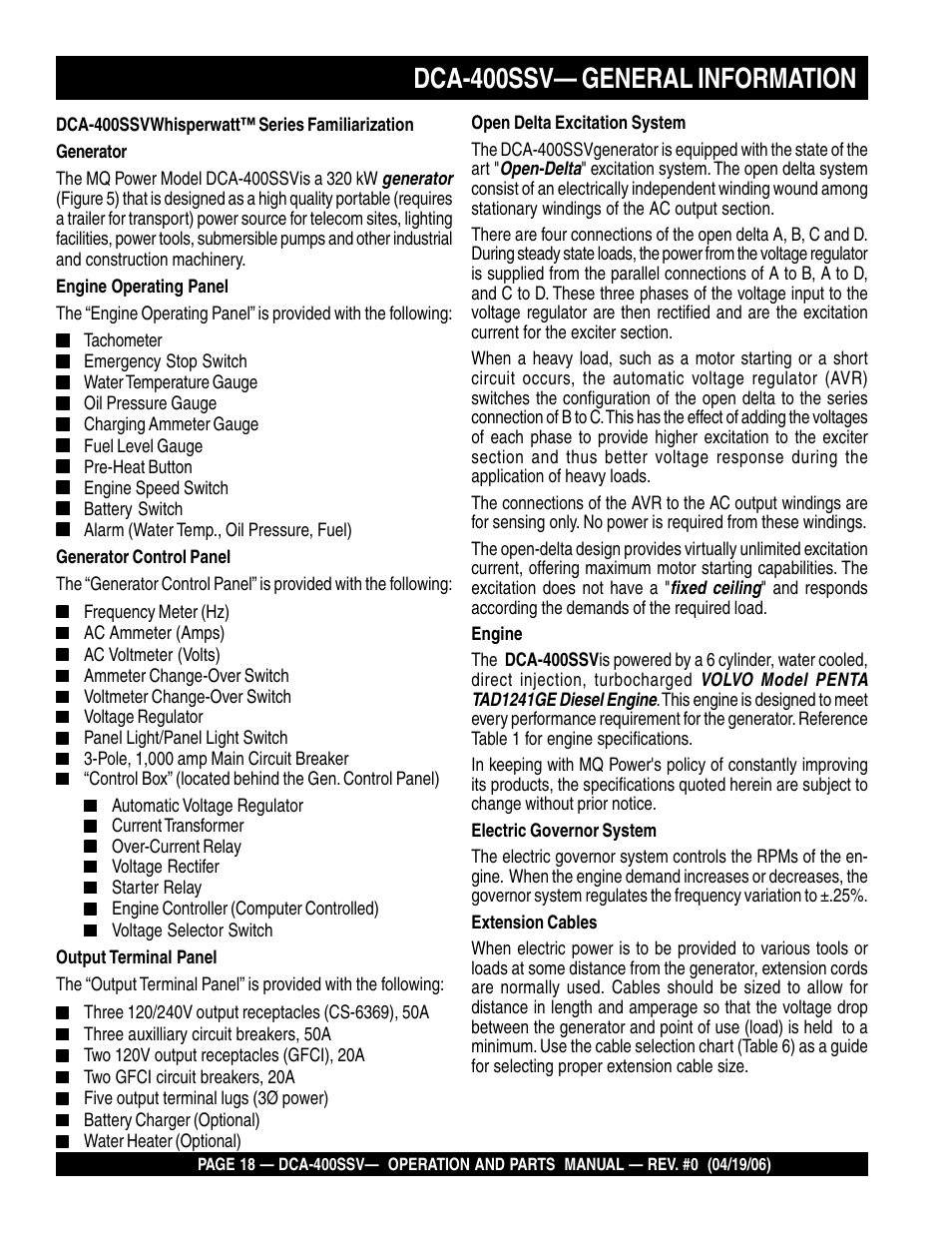 Dca-400ssv— general information | Multiquip 60 Hz Generator DCA-400SSV User Manual | Page 18 / 98