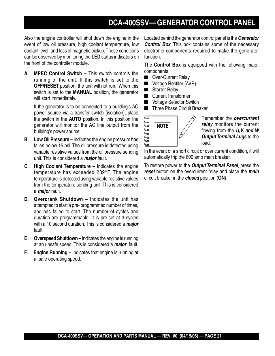 1dca-400ssv— generator control panel | Multiquip 60 Hz Generator DCA-400SSV User Manual | Page 21 / 98