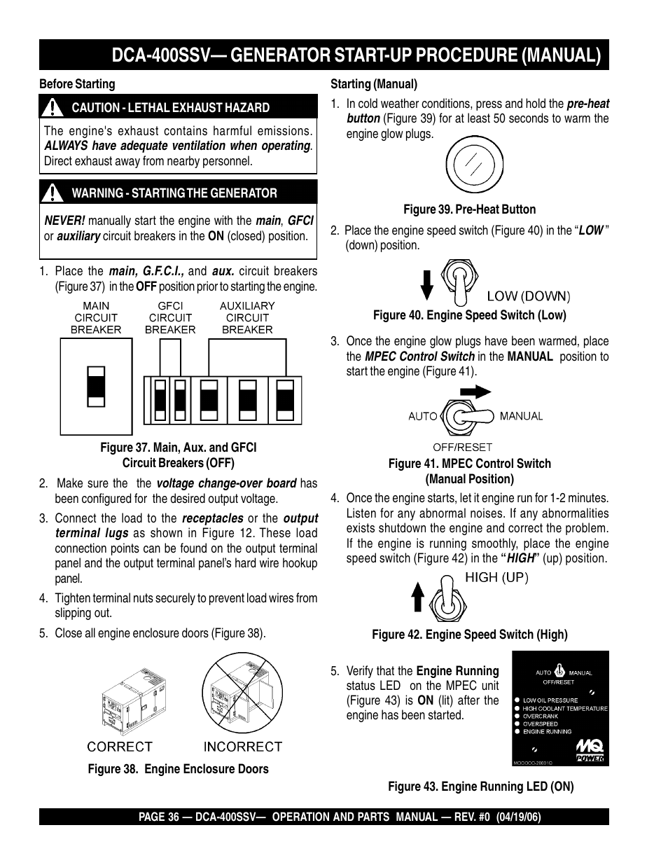 Dca-400ssv— generator start-up procedure (manual) | Multiquip 60 Hz Generator DCA-400SSV User Manual | Page 36 / 98