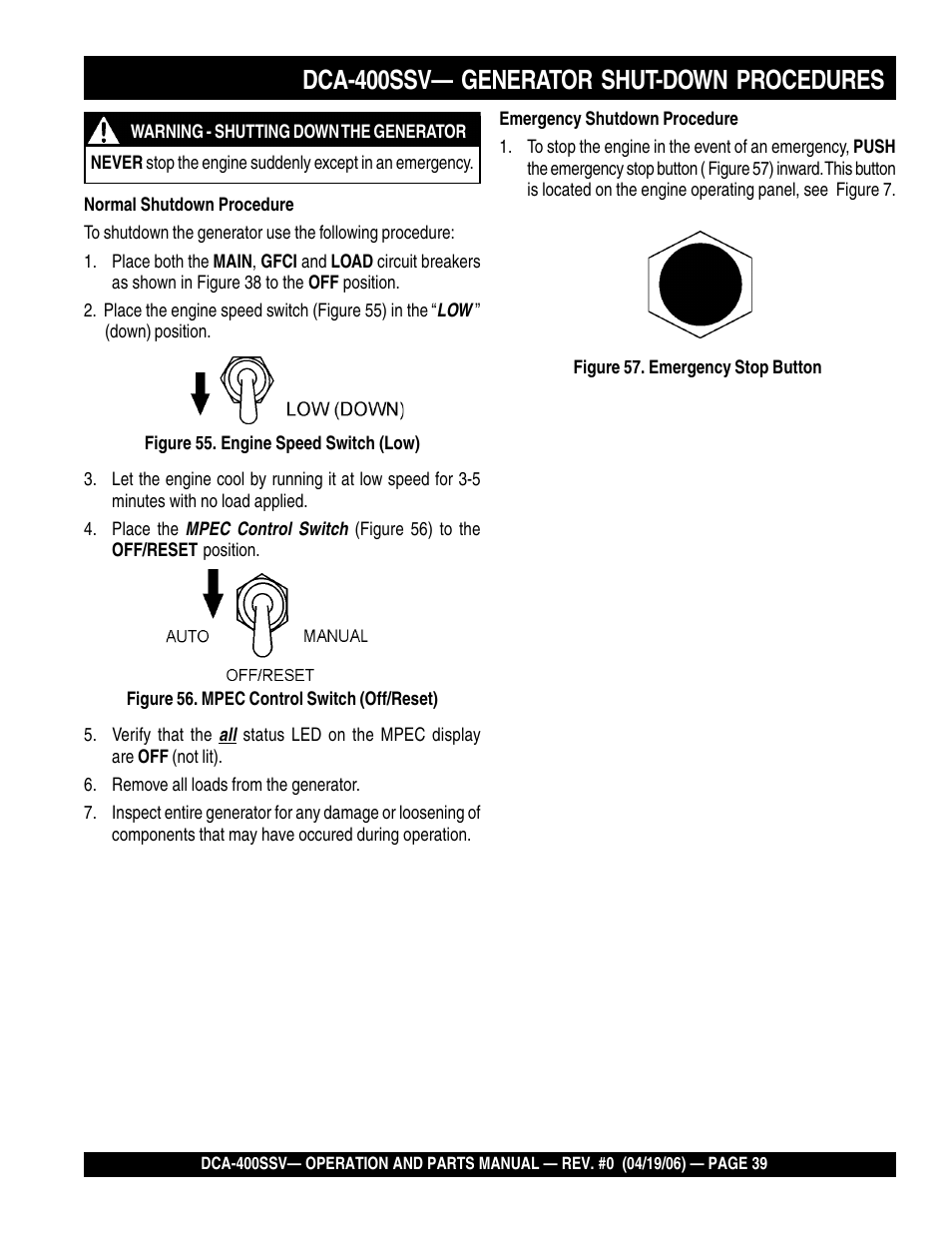 Dca-400ssv— generator shut-down procedures | Multiquip 60 Hz Generator DCA-400SSV User Manual | Page 39 / 98