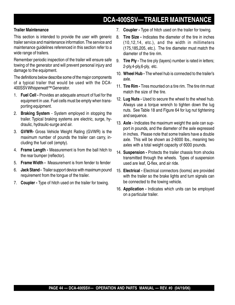 Dca-400ssv— trailer maintenance | Multiquip 60 Hz Generator DCA-400SSV User Manual | Page 44 / 98