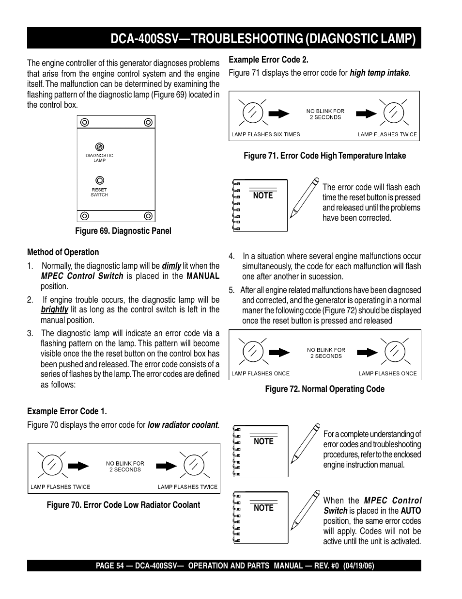 Dca-400ssv— troubleshooting (diagnostic lamp) | Multiquip 60 Hz Generator DCA-400SSV User Manual | Page 54 / 98