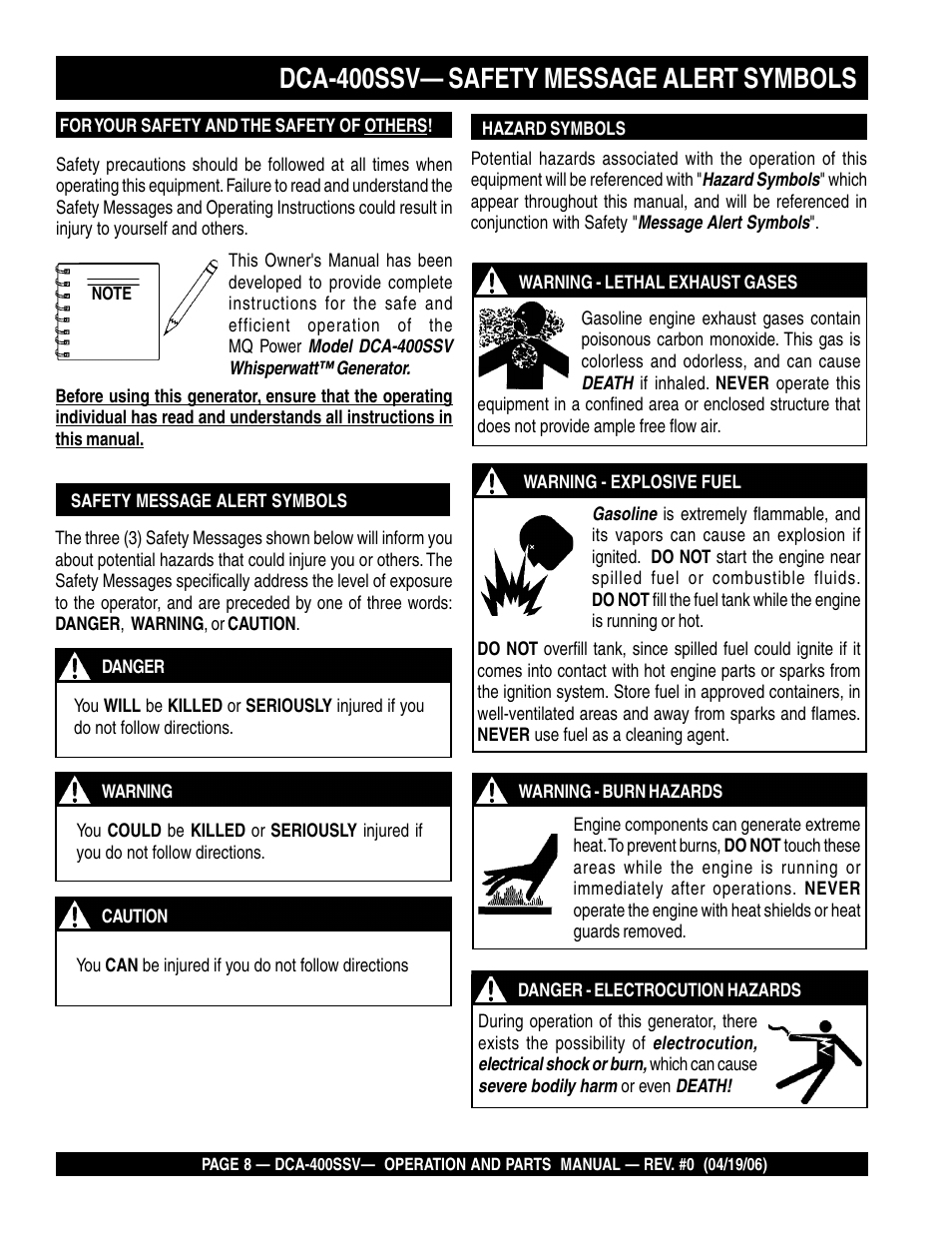 Dca-400ssv— safety message alert symbols | Multiquip 60 Hz Generator DCA-400SSV User Manual | Page 8 / 98