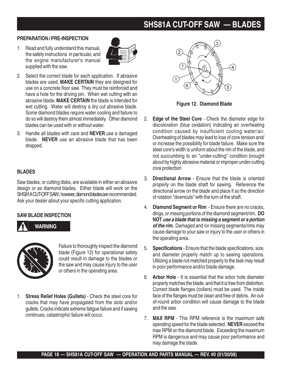 Shs81a cut-off saw — blades | Multiquip Stow SideWinder Cut-Off Saw SHS81A User Manual | Page 18 / 68