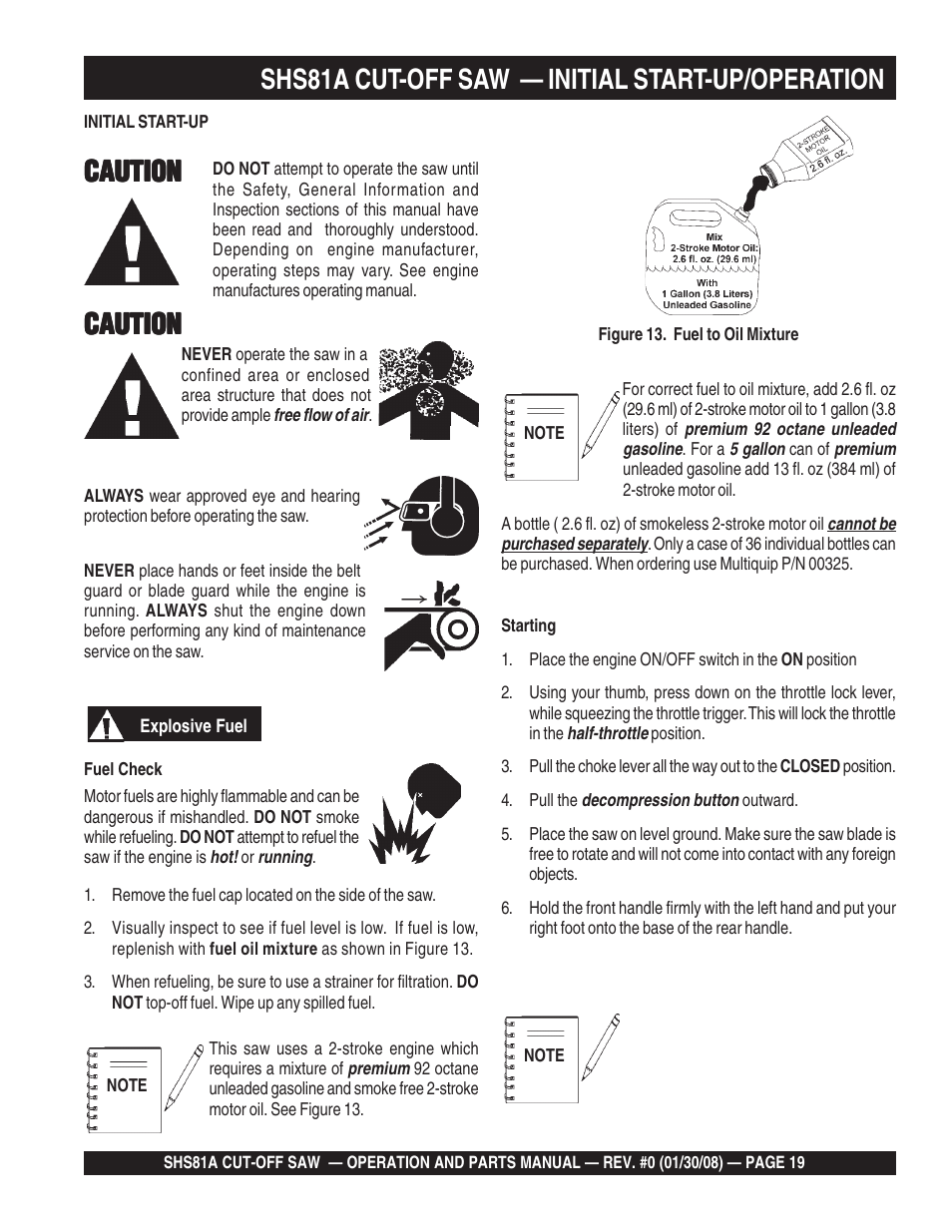 Shs81a cut-off saw — initial start-up/operation, Caution | Multiquip Stow SideWinder Cut-Off Saw SHS81A User Manual | Page 19 / 68