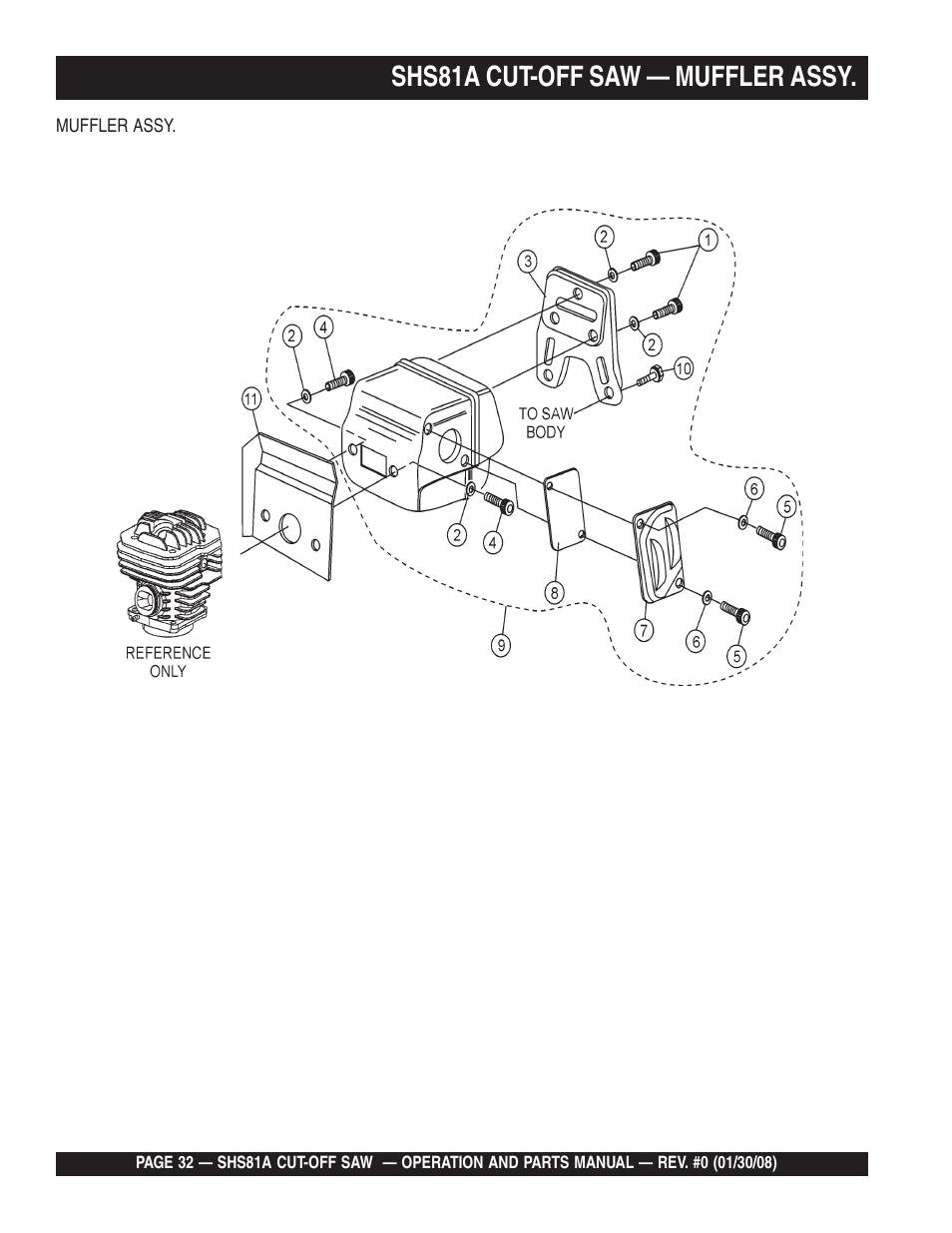 Shs81a cut-off saw — muffler assy | Multiquip Stow SideWinder Cut-Off Saw SHS81A User Manual | Page 32 / 68