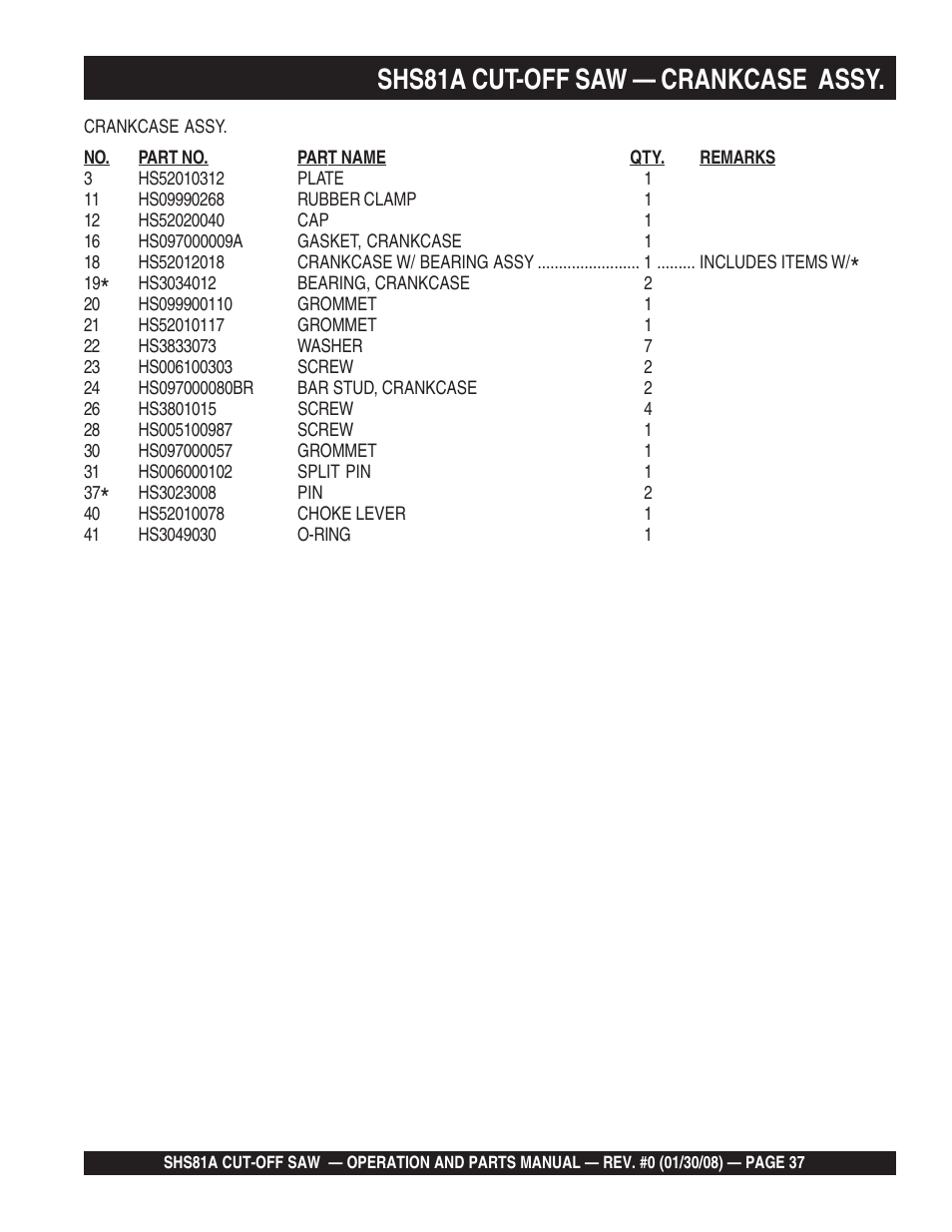 Shs81a cut-off saw — crankcase assy | Multiquip Stow SideWinder Cut-Off Saw SHS81A User Manual | Page 37 / 68