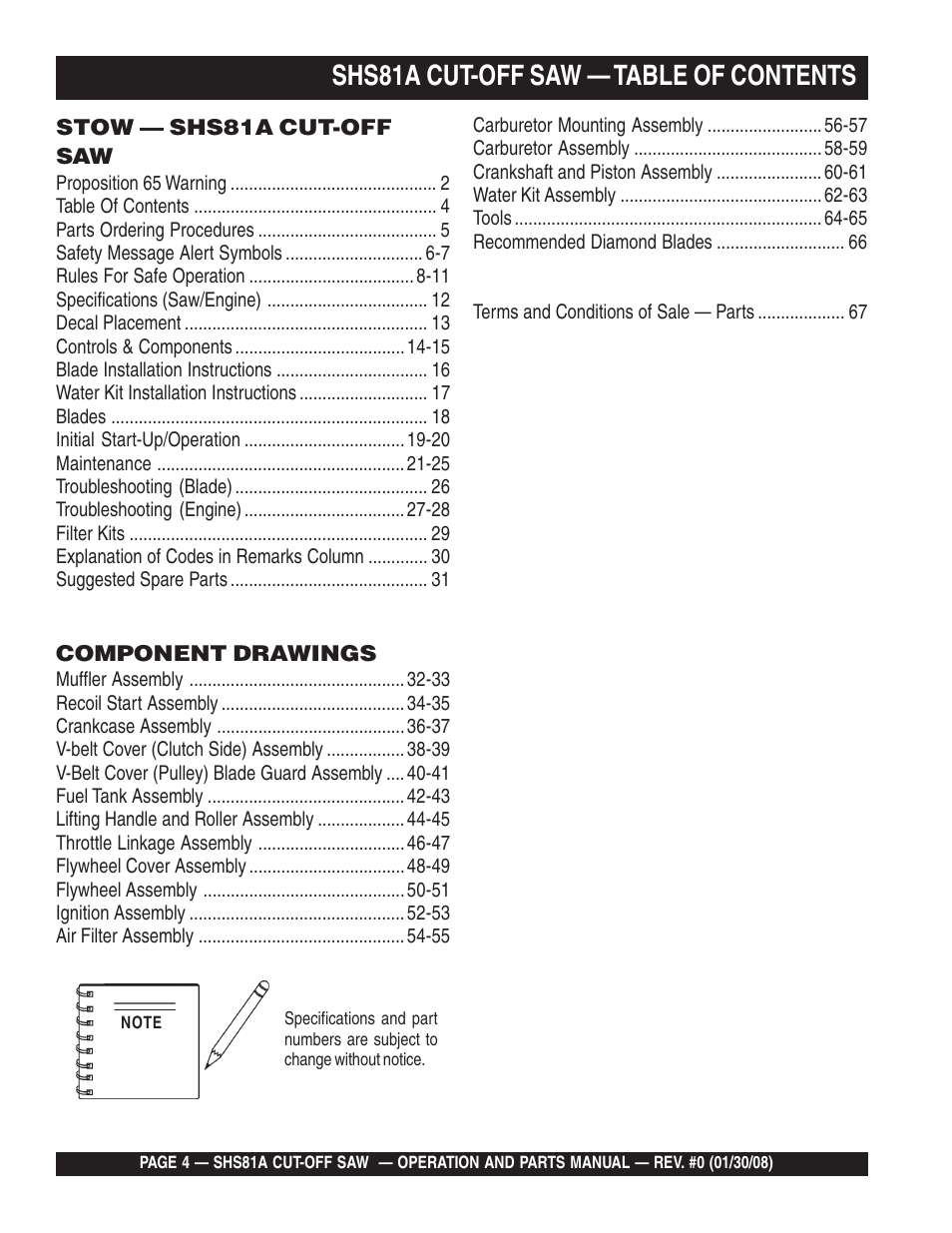 Shs81a cut-off saw — table of contents | Multiquip Stow SideWinder Cut-Off Saw SHS81A User Manual | Page 4 / 68