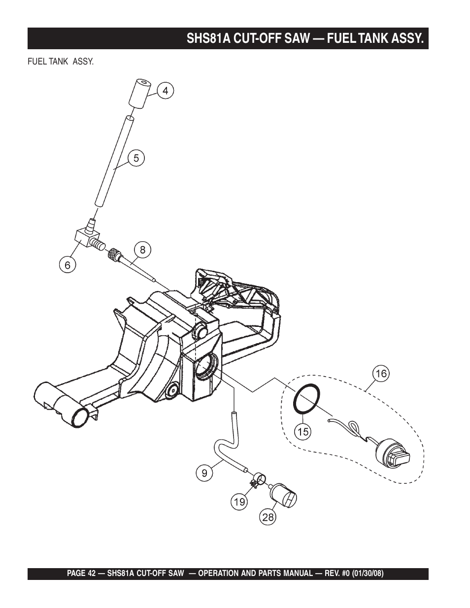 Shs81a cut-off saw — fuel tank assy | Multiquip Stow SideWinder Cut-Off Saw SHS81A User Manual | Page 42 / 68