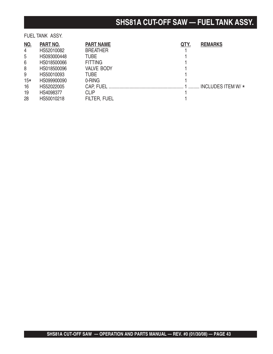 Shs81a cut-off saw — fuel tank assy | Multiquip Stow SideWinder Cut-Off Saw SHS81A User Manual | Page 43 / 68