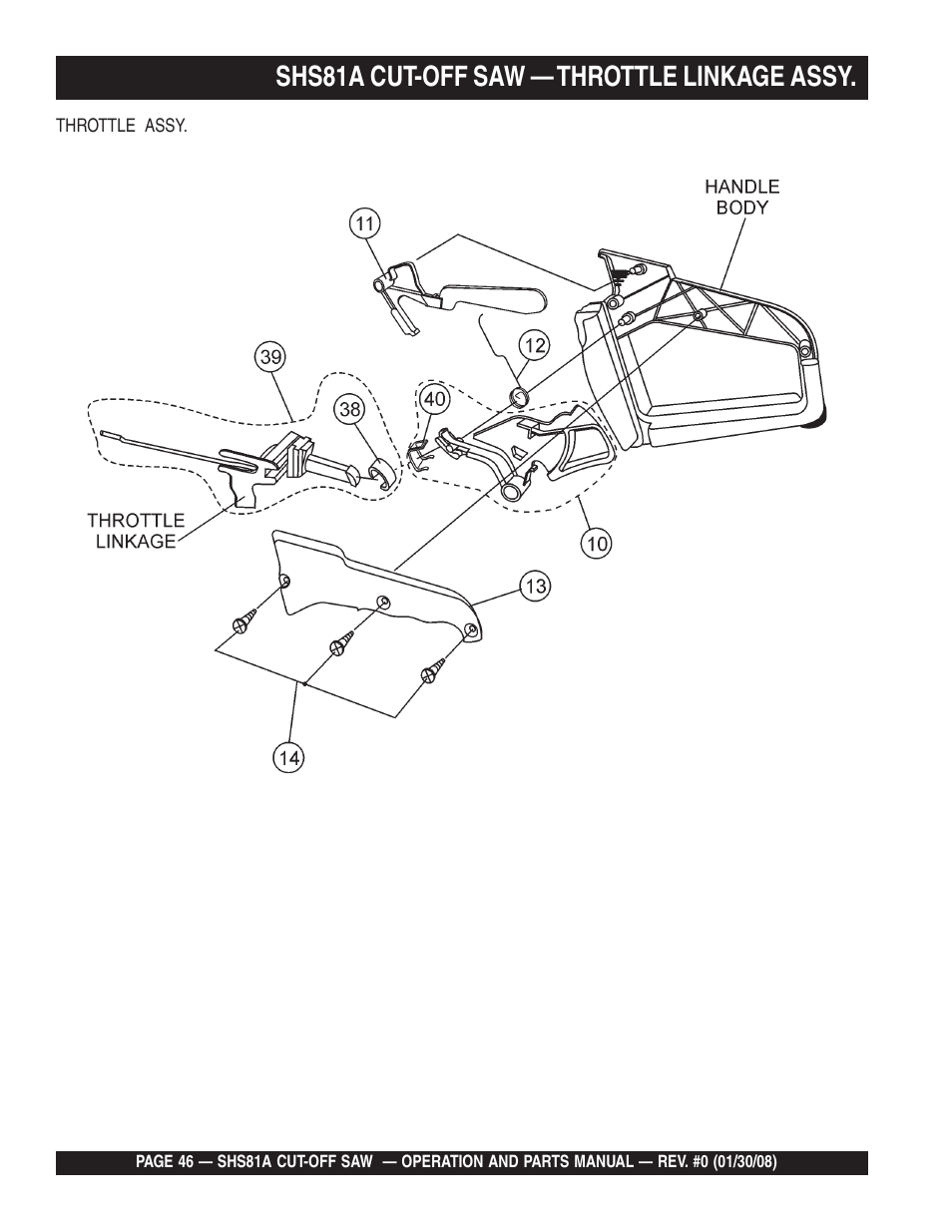 Shs81a cut-off saw — throttle linkage assy | Multiquip Stow SideWinder Cut-Off Saw SHS81A User Manual | Page 46 / 68