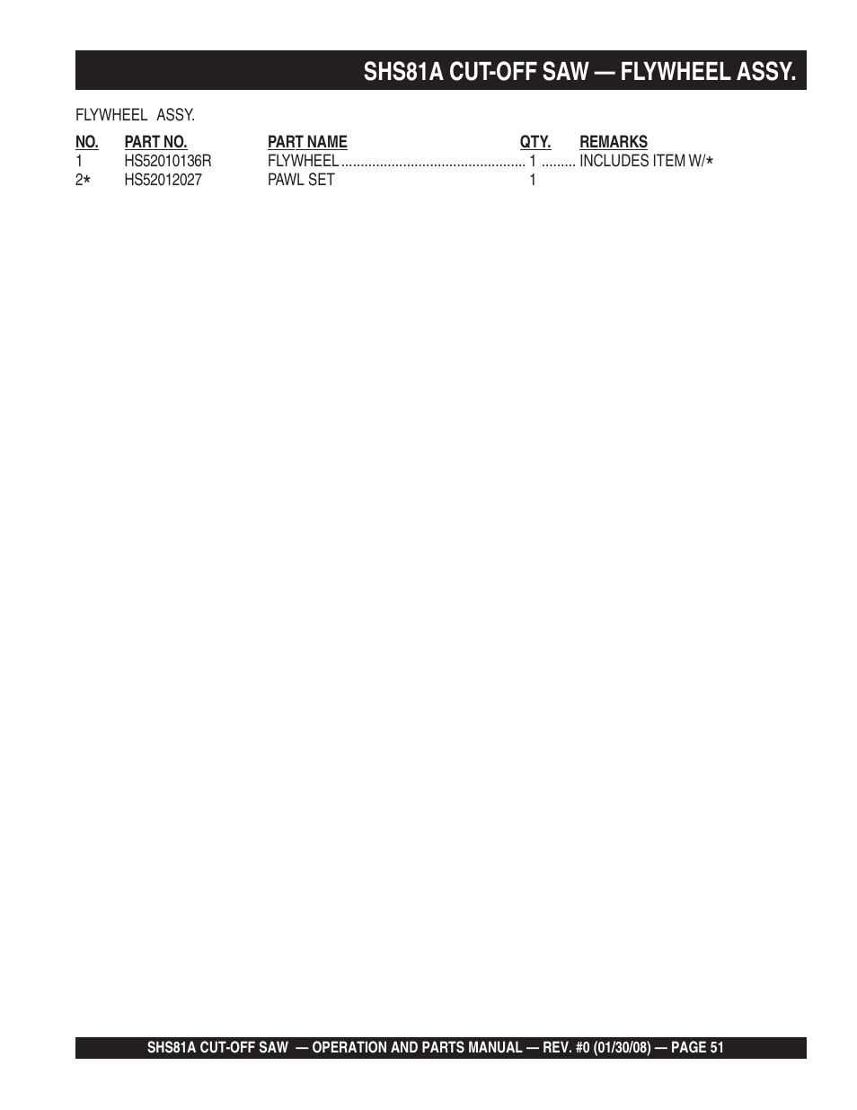 Shs81a cut-off saw — flywheel assy | Multiquip Stow SideWinder Cut-Off Saw SHS81A User Manual | Page 51 / 68