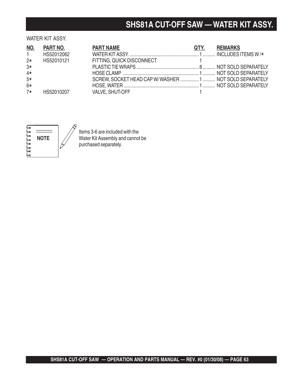 Shs81a cut-off saw — water kit assy | Multiquip Stow SideWinder Cut-Off Saw SHS81A User Manual | Page 63 / 68