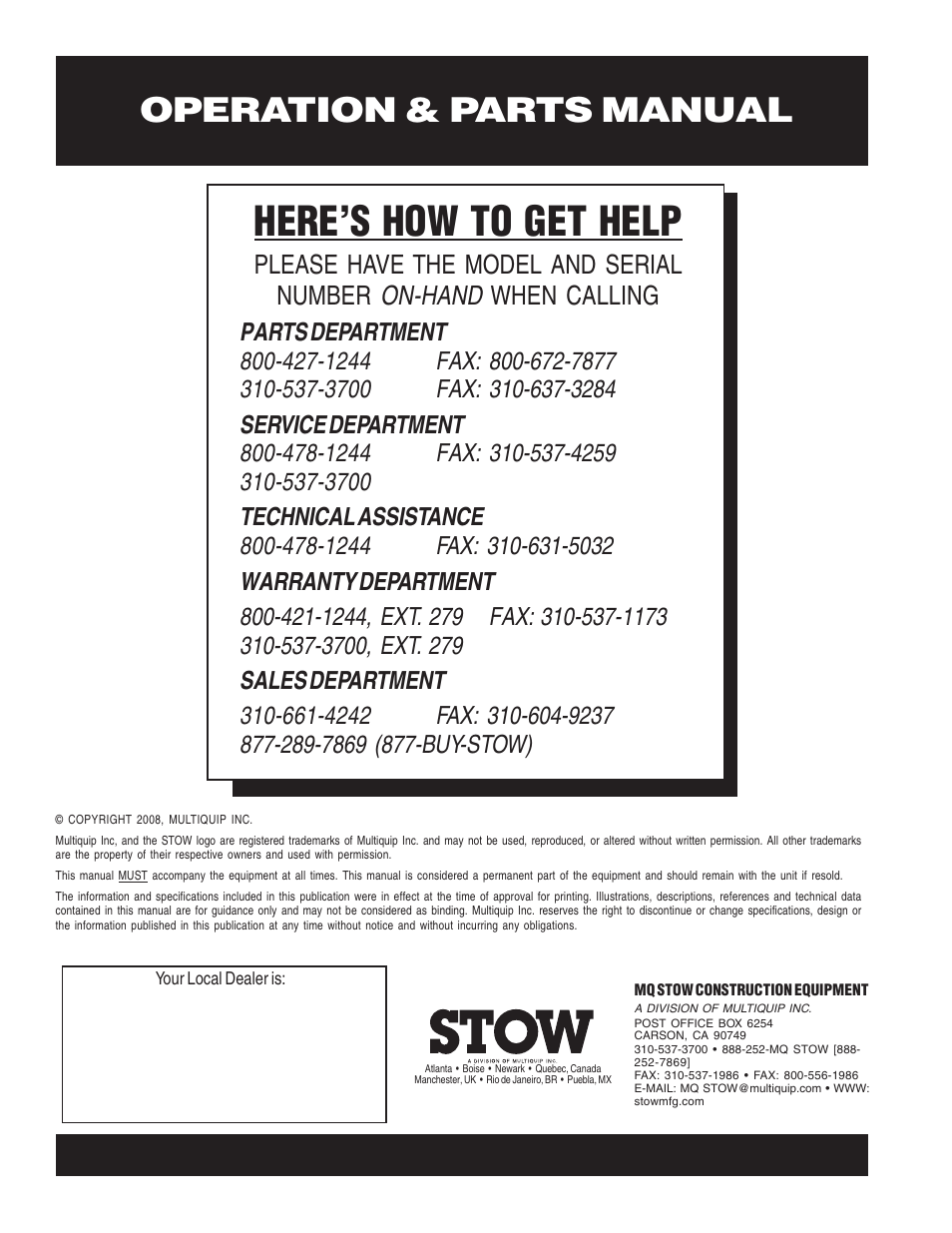 Here’s how to get help, Operation & parts manual | Multiquip Stow SideWinder Cut-Off Saw SHS81A User Manual | Page 68 / 68