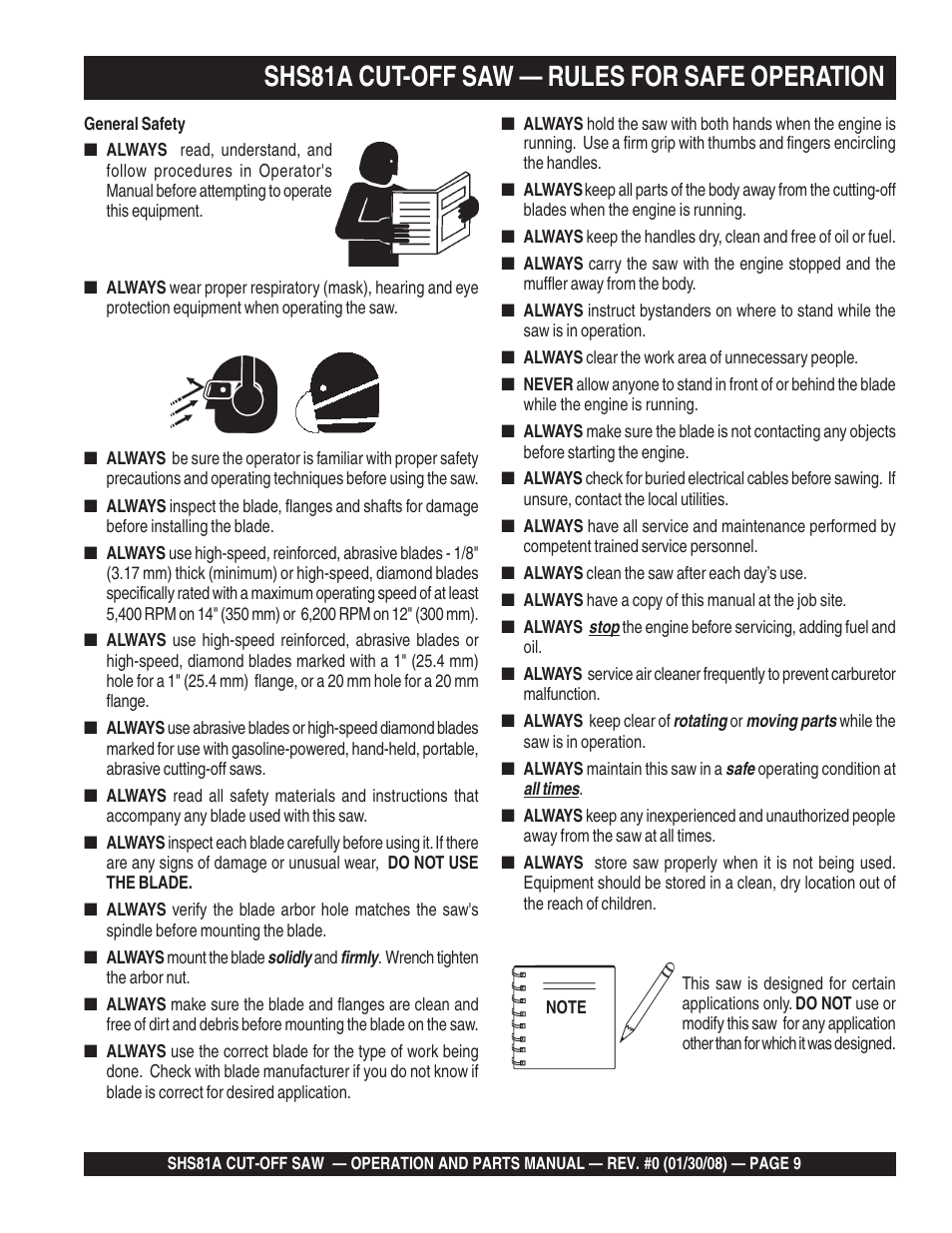Shs81a cut-off saw — rules for safe operation | Multiquip Stow SideWinder Cut-Off Saw SHS81A User Manual | Page 9 / 68