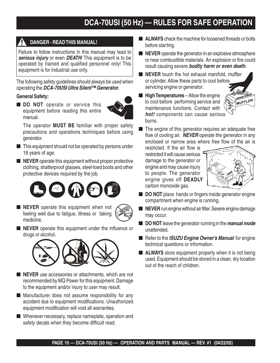 Dca-70usi (50 hz) — rules for safe operation | Multiquip MQ Power Ultra-Silent 50 Hz Generator DCA-70USI User Manual | Page 10 / 82