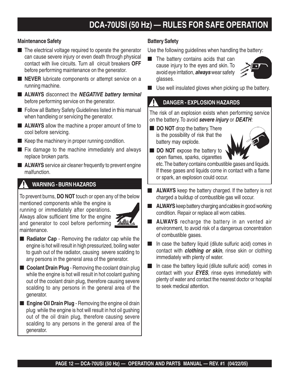 Dca-70usi (50 hz) — rules for safe operation | Multiquip MQ Power Ultra-Silent 50 Hz Generator DCA-70USI User Manual | Page 12 / 82