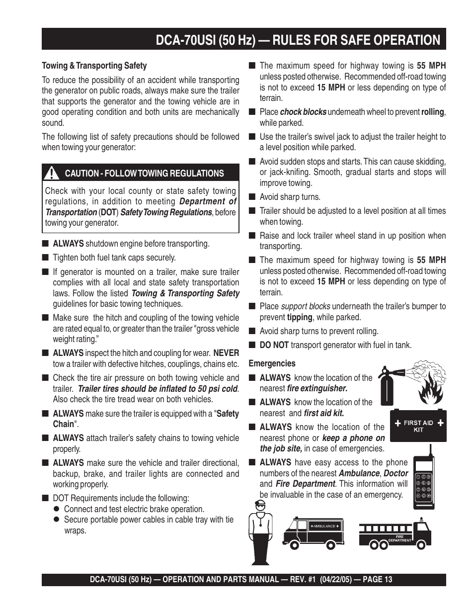 Dca-70usi (50 hz) — rules for safe operation | Multiquip MQ Power Ultra-Silent 50 Hz Generator DCA-70USI User Manual | Page 13 / 82