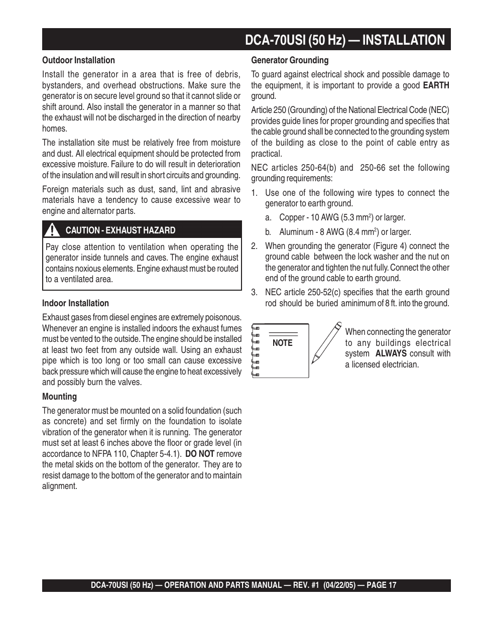 Dca-70usi (50 hz) — installation | Multiquip MQ Power Ultra-Silent 50 Hz Generator DCA-70USI User Manual | Page 17 / 82