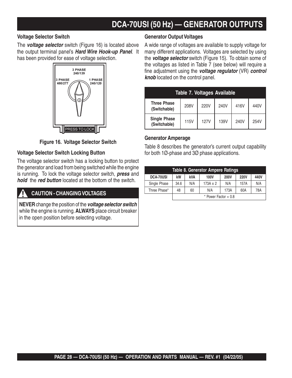 Dca-70usi (50 hz) — generator outputs | Multiquip MQ Power Ultra-Silent 50 Hz Generator DCA-70USI User Manual | Page 28 / 82