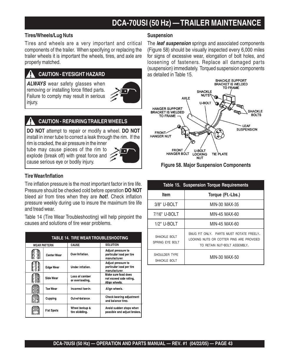 Dca-70usi (50 hz) — trailer maintenance | Multiquip MQ Power Ultra-Silent 50 Hz Generator DCA-70USI User Manual | Page 43 / 82