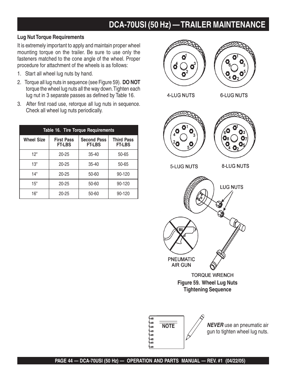 Dca-70usi (50 hz) — trailer maintenance | Multiquip MQ Power Ultra-Silent 50 Hz Generator DCA-70USI User Manual | Page 44 / 82