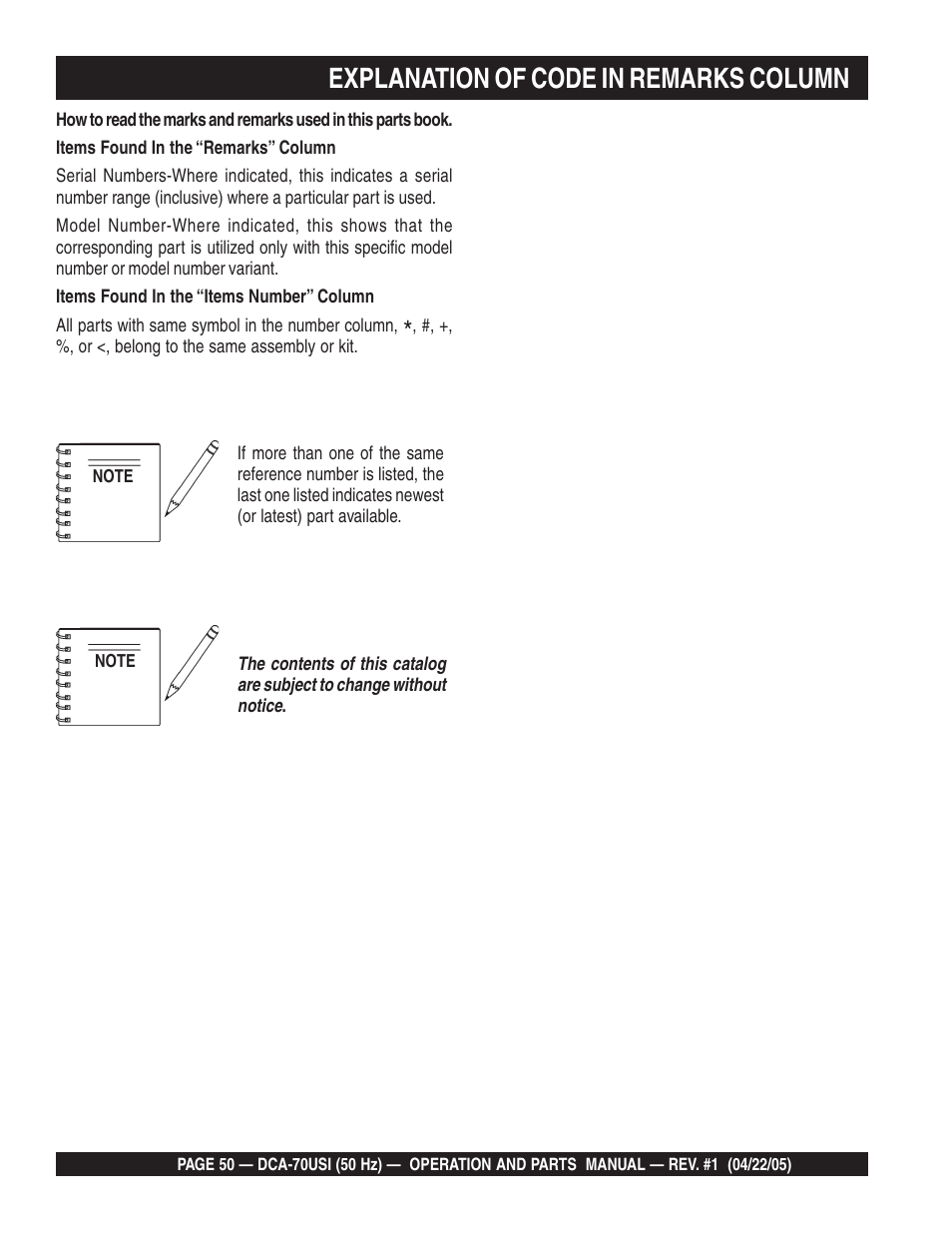 Explanation of code in remarks column | Multiquip MQ Power Ultra-Silent 50 Hz Generator DCA-70USI User Manual | Page 50 / 82