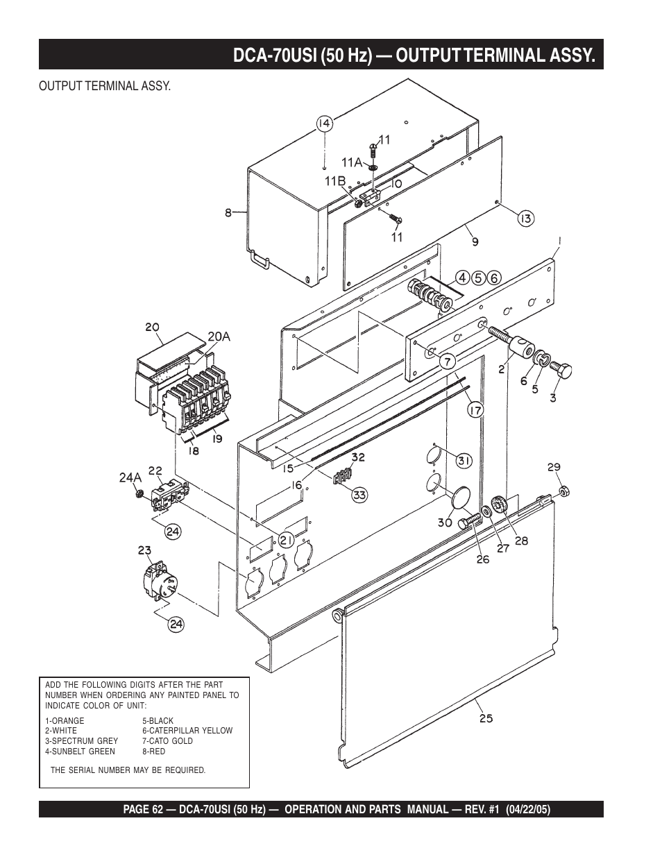 Dca-70usi (50 hz) — output terminal assy, Output terminal assy | Multiquip MQ Power Ultra-Silent 50 Hz Generator DCA-70USI User Manual | Page 62 / 82